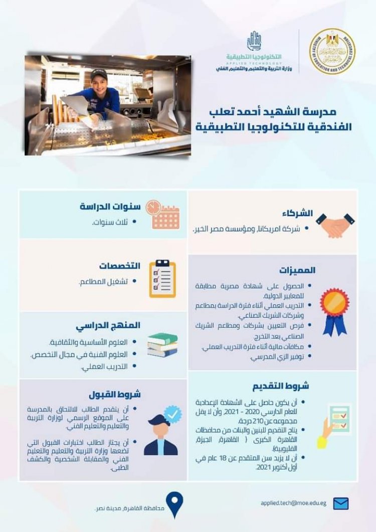 تعرف على شروط الالتحاق بمدارس التكنولوجيا التطبيقية للطلاب الحاصلين على الشهادة الإعدادية للعام الدراسي 2020-2021