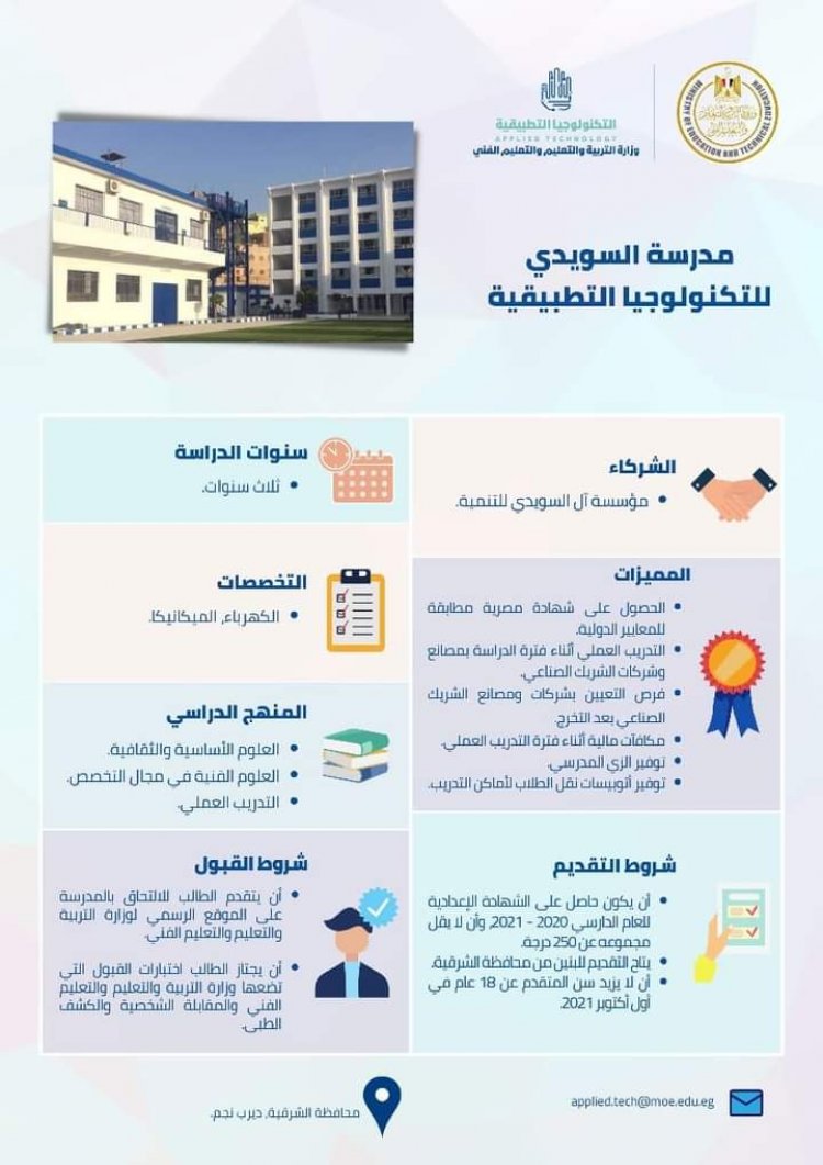تعرف على شروط الالتحاق بمدارس التكنولوجيا التطبيقية للطلاب الحاصلين على الشهادة الإعدادية للعام الدراسي 2020-2021