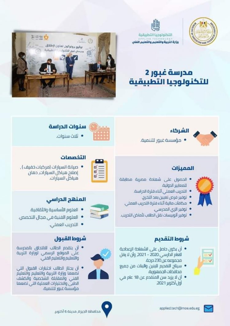 تعرف على شروط الالتحاق بمدارس التكنولوجيا التطبيقية للطلاب الحاصلين على الشهادة الإعدادية للعام الدراسي 2020-2021