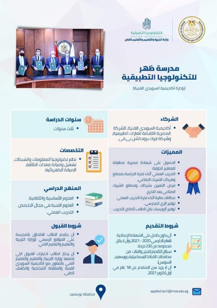 تعرف على شروط الالتحاق بمدارس التكنولوجيا التطبيقية للطلاب الحاصلين على الشهادة الإعدادية للعام الدراسي 2020-2021