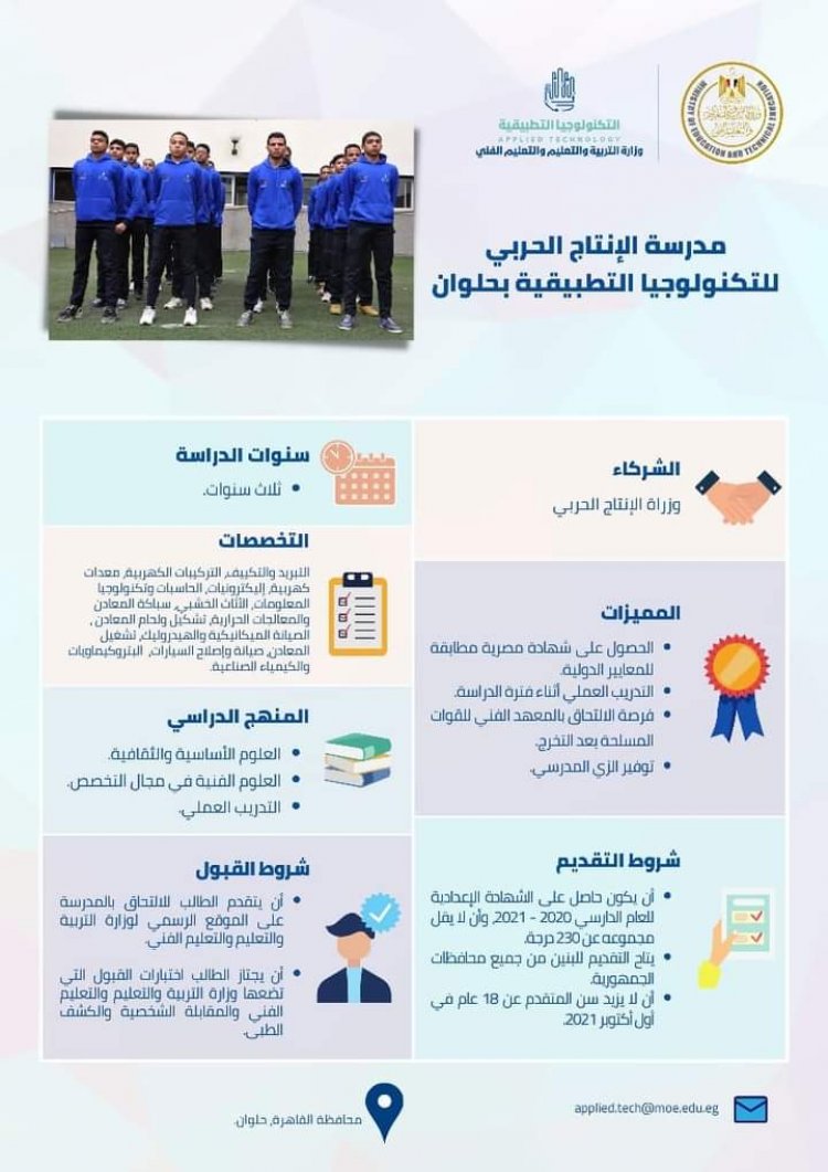 تعرف على شروط الالتحاق بمدارس التكنولوجيا التطبيقية للطلاب الحاصلين على الشهادة الإعدادية للعام الدراسي 2020-2021
