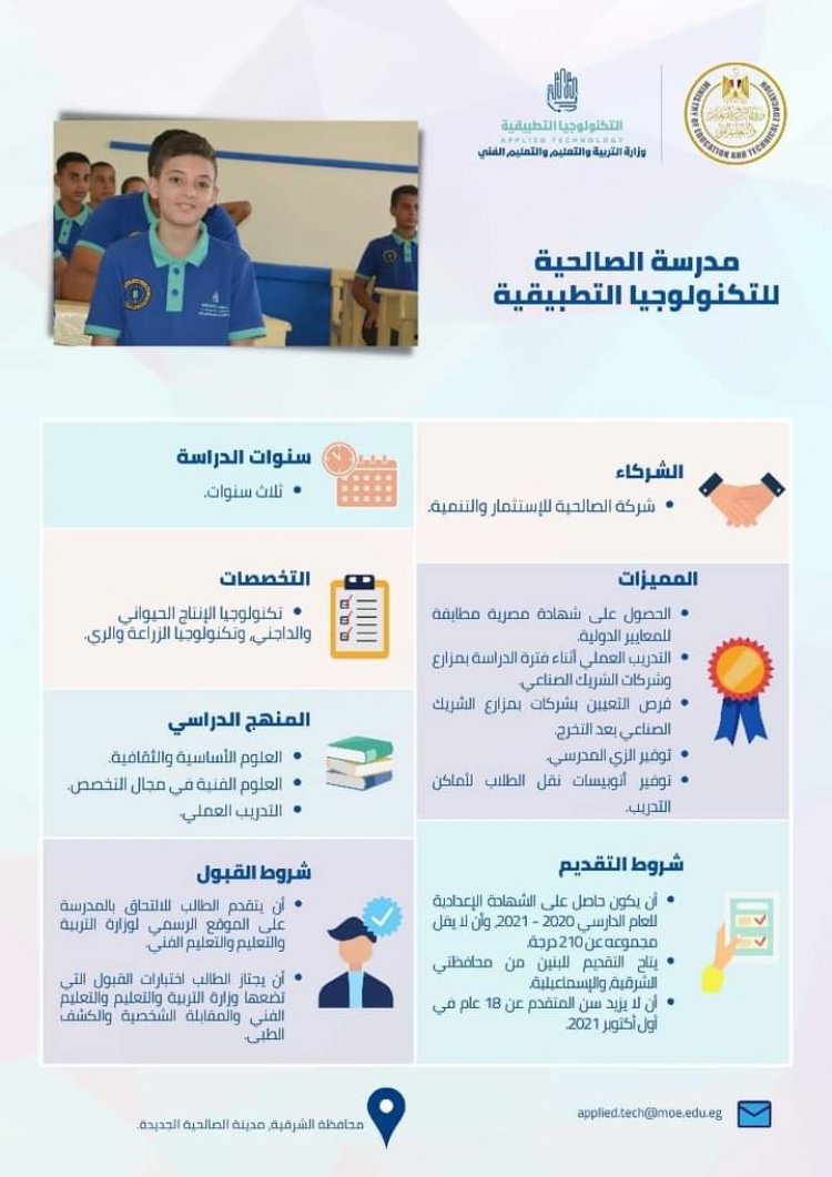تعرف على شروط الالتحاق بمدارس التكنولوجيا التطبيقية للطلاب الحاصلين على الشهادة الإعدادية للعام الدراسي 2020-2021