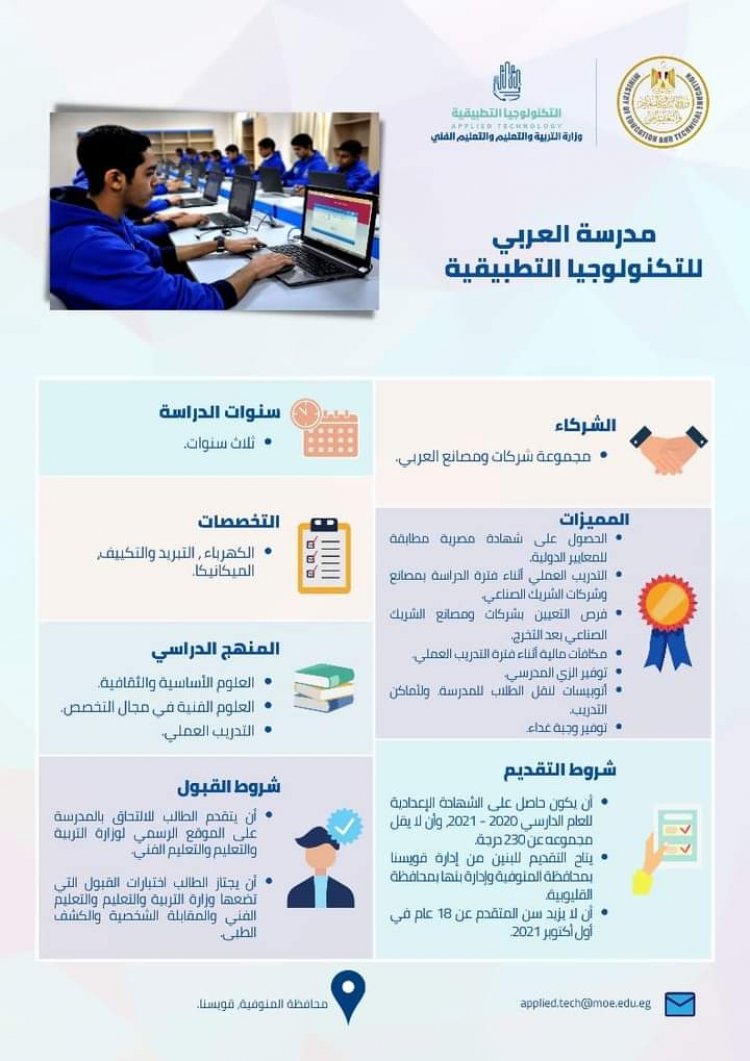 تعرف على شروط الالتحاق بمدارس التكنولوجيا التطبيقية للطلاب الحاصلين على الشهادة الإعدادية للعام الدراسي 2020-2021